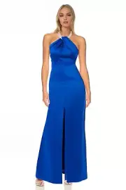 Jewel Badgley Mischka Dylan Pearl Neck Halter Gown Blue 10 Prom Bridesmaid Gala