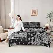 7pcs Paisley Comforter Set Queen Size, Boho Style Jacquard Paisley Flower Bedding Set, Black and White Floral Print Bed in A Bag with Comforter, Sheets and Pillowcases, Kids Teens Women Room Decor