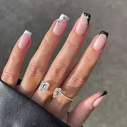 24 PCS French Tips Press on Nails Medium Length False Nails Glossy Black White Fake Nails Full Cover Design Nail Art for Women and Girls Party Salon