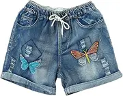 [ZISTRCBAO] Casual Denim Shorts for Women - Plus Size High Waist Ripped Summer Jeans Short,Women's Elastic Waist Retro Embroidered Cotton Denim Shorts,Blue,3XL