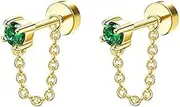 [Niaspi] 20G Emerald CZ Chain Dangle Cartilage Stud Earrings for Women Stainless Steel Conch Helix Tragus Flat Back Earrings Studs Labret Lip Rings Cartilage Piercing Jewelry