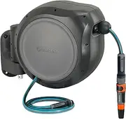 GARDENA Retractable Hose Reel, 80 ft Premium 5/8" Hose with Spray Nozzle, Wall Mount, Spring-Loaded Auto Rewind - US Hose threads + Quick Connect System