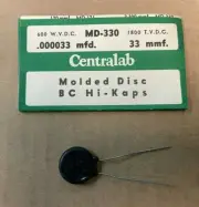 NOS Centralab Type MD Molded Disc Ceramic BC Hi-Kaps, MD-330, 33 MMF 600VDC