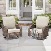 LUMIINOFAMI Swivel Rocker Outdoor Chairs, 2 PCS Swivel Patio Chairs with Cushions, Round Armrests Wicker Patio Furniture Dark Rattan Patio Set with Swivel Chairs (Beige Cushion)