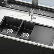 ALFORDSON Kitchen Sink Double Bowls with Waste Strainers & Drainboard, 1000 x 450 x 205mm, 304 Stainless Steel Water Basin Sinks with 3mm Thick Edge & Nano Coating in Black