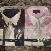 2 Money Collection Dress Shirts With Toe And Hanky Size 17 1/2 35-36 Pink Brown