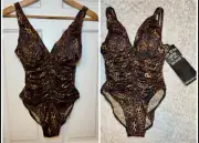 NWT Miraclesuit Leopard Ruched Swim Shaper Padded Swimsuit Sz 12 New
