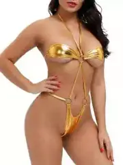 Sexy Gold Hollow Out Lace Up Teddy Ring Linked Halter Bodysuit Backless Thong US