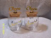 Set Of 2 Cheers Stemless Wine Glasses & Matching Corkscrews New No Box