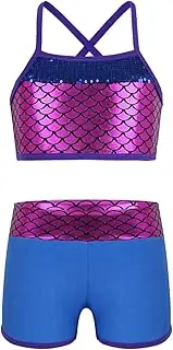 [inhzoy] Kids Girls Shiny Sequins Tankini Outfits Dance Crop Tank Tops and Shorts Set Swimsuit Beachwear