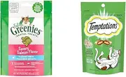 Greenies Feline Dental Cat Treat Salmon Flavour 60G Bag, One Size and Temptations Cat Treat, Seafood Medley 85g Bag x 6 Pack