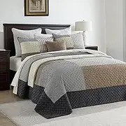 SahSahCasa 100% Cotton 120"x120" California King XL Bedspread Coverlet Quilt Set, Oversized Cal King Quilted Bedspread Large Quilt, Patchwork Plaid Bed Spread Lightweight Comforter, Brown/Cream/Gray