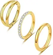 [Meafeng] 3PCS Nose Rings Hoops, 316L Surgical Steel Double Hoop Nose Rings, 18G Gold Lip Nose Rings Earring Helix Cartilage Conch Piercing Jewelry for Women Girls Men (8mm)