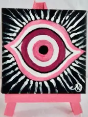 Acrylic Painting on Canvas Pink Evil Eye by Artist Marilyn Oliveri 4"x4"