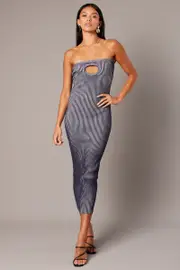 Blue Knit Dress Key Hole Front Bandeau Midi - Size M, Women's Knit Dress