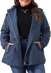 [Agnes Orinda] Plus Size Rain Jacket for Women Lightweight Waterproof Fleece Lined Jacket Hooded Windbreaker Coat