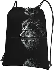 EdWal Lion Print Drawstring Backpack Gym Bags Sports Bags With Zipper Pocket For Travel Beach, Black, One Size