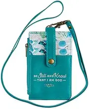 [Christian Art Gifts] Women's Slim Zipper ID Badge Card Holder: Be Still & Know - Psalm 46:10 Inspirational Bible Verse w/Detachable Neck Strap Lanyard, Coin Purse Pocket, Vegan Leather, Floral Teal