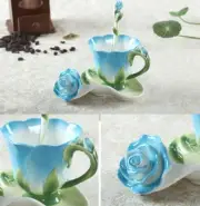 3D Rose Shape Flower Enamel Ceramic Coffee Tea Cup Saucer Spoon Set Porcelain