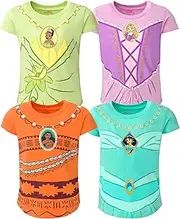[Disney] Princess Ariel Moana Jasmine Belle Cinderella Aurora Tiana Girls 4 Pack Graphic T-Shirts Toddler to Big Kid