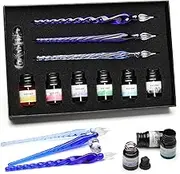 ESSSHOP 3 Glass Calligraphy Pens Crystal Glass Dip Pen, 6 Colorful Inks and Pen Holder Set Art Supplies for Signatures, Beginners Journaling Lettering Drawing Gift Decoration (Blue)