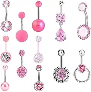 [Colaxi] 12Pcs Belly Button Rings Body Jewelry Navel Barbell Accessories Stainless Steel Pink Navel Piercing Rings Dangle Belly Rings