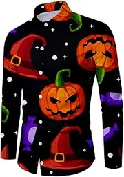 [Generic] Mens Running Tee Shirts Pumpkin Pattern Printed Long Sleeve Shirt Polyester Spandex Long Sleeve Men