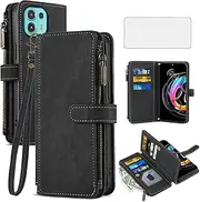 [Asuwish] Phone Case for Motorola Edge 20 Lite/Moto Edge20 Fusion 5G Wallet Cover with Tempered Glass Screen Protector Leather Flip Card Holder Cell Accessories MotoEdge 20Lite/20Fusion Women Men Black