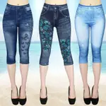 JEGGINGS CAPRI PANTS 人造牛仔牛仔褲短打底褲九分修身高腰 3/4 LEGGINS 緊身褲