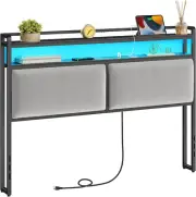 Queen Size Upholstered Headboard, Storage Headboard with Charging Station and Ad
