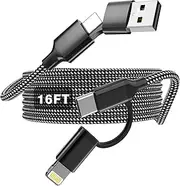 Extra Long iPhone Charger Cable 16 FT, 60W Fast Charging Cable USB-C and Lightning 4-in-1 Cable 15FT Braided Charging Cord Multi Charger Cord Lightning/Type C/USB A for iPhone iPad Samsung (1, Mono)