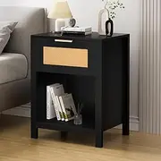 ALFORDSON Bedside Table,Woven Rattan Front, 50 x 38 x 64cm, 1 Spacious Drawer＆Open Shelf, Modern Nightstand Side End Table, for Bedroom, Living Room, Black