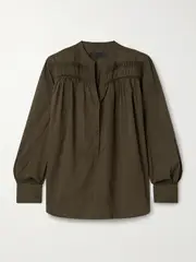 [Nili Lotan] Nili Lotan - Clarys Embroidered Gathered Cotton-voile Top - Army green - medium medium Green