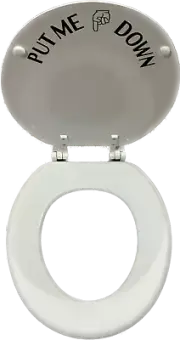 TOILET SEAT ROUND REGULAR SOLID WOOD WHITE FINISH READS PUT ME DOWN COVER