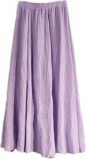 [Jegsnoe] Women Cotton Linen Pleated Long Skirts Vintage Solid Summer Beach Elastic Waist A-Line Maxi Skirt