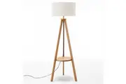 Natural Wooden Tripod Floor Lamp w/ Round Wood Shelf + Off White Linen Shade