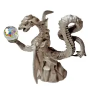Pewter Mythical Dragon holding a Crystal Clear Sphere sitting on a rock.