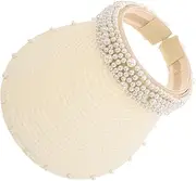 [Baluue] Women's Sun Visor Hat Breathable Open Top Straw Design with Elegant Faux Pearl Accents for Beach Weddings Bridal Showers and Casual Outings Light Yellow