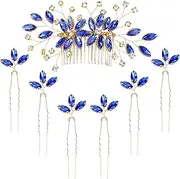 inSowni 7 Pieces Gold Metal Emerald Green Rhinestone Wedding Bridal Hair Side Comb Slide+U-shaped Hair Pins Accessories for Women Girls Brides Bridesmaids (Royal Blue)