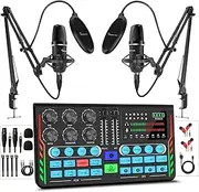 Hayner-Seek Podcast Equipment Bundle for 2, DJ Mixer with 3.5mm Diaphragm Condenser Microphone for Live Streaming, Podcast Recording,Gaming, Youtube, TikTok, PC, Smartphone