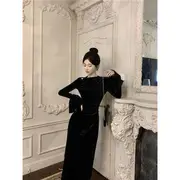 Bell Sleeve Boat Neck Plain Velvet Maxi A-Line Dress Black - L