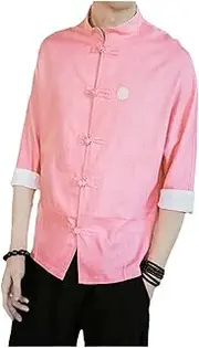 [Aoleaky] Chinese Style Mens Tops Tang Suit Linen Half Sleeve Solid Traditional Kung Fu China Style Hanfu Shirt