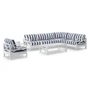 Kansas Package D - Outdoor Aluminium Corner Modular Lounge Set with Arm Chair and Coffee Table White - Navy Stripe