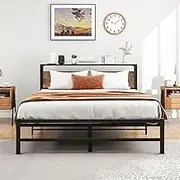 VERFARM Queen Bed Frame with Wood Storage Headboard, Metal Platform Bed Frame Queen Size No Box Spring Needed, Strong Slats Mattress Foundation, Non-Slip Noise Free, Easy Assembly