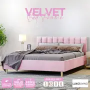 Bed Frame Upholstered Velvet Cushioned Headboard Mattress Pink