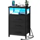 Yoobure LED Nightstand with 3 Drawers and USB Ports Compact Black Bedside Table