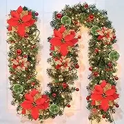 Christmas Garland, 9ft Pre-lit Christmas Decorations Garland with Lights for Front Door, Artificial Green Rattan, for Xmas Tree, Mantel Stairs Home Indoor Outdoor Christmas Decor Wreath