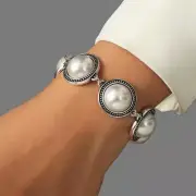 Boho Vintage Round Pearl Bracelet Adjustable Silver Bead Pearls Bangle For Women