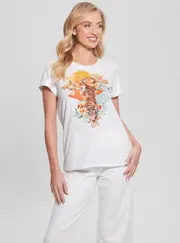 GUESS Eco White Crouching Tiger Sleeve T-Shirt Size: Small, Cotton