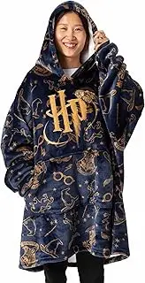 [Harry Potter] Womens Wearable Blanket Hoodie | Adults Gray Hooded Pullover with Hogwarts Graphic All Over Print | One Size Sherpa Lined Loungewear with Pockets | Classic Wizard Movie Merchandise Gift